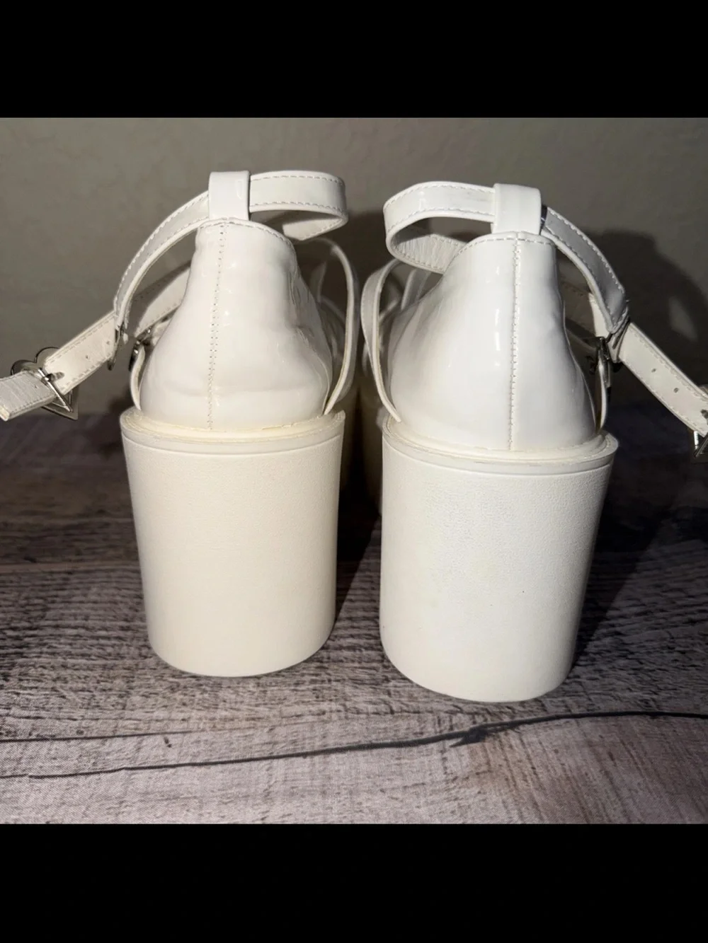 Lolita Platform Mary Jane Shoes White PU Heart Buckles Size 41 10-10.5
